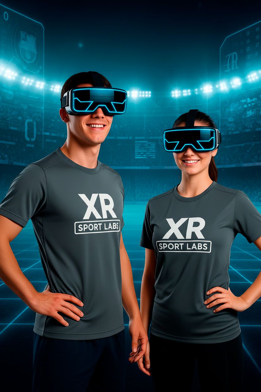 Dos deportistas con gafas de realidad virtual y camiseta de XR Sport Labs